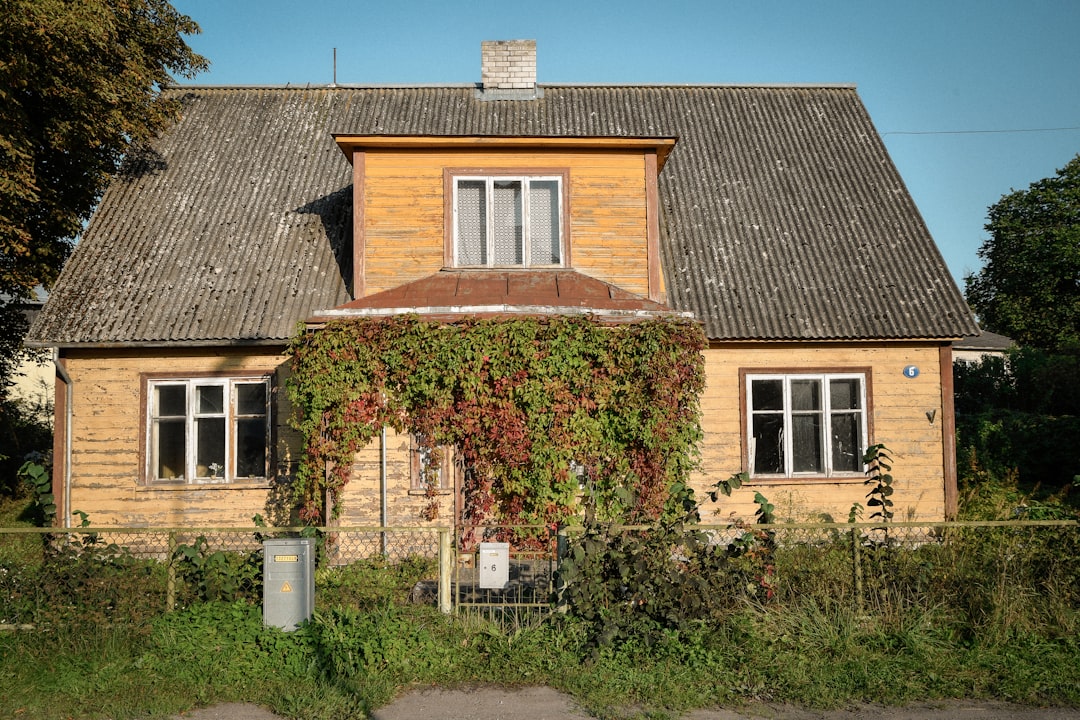 Weathered yellow house with a gray roof and climbing vines.