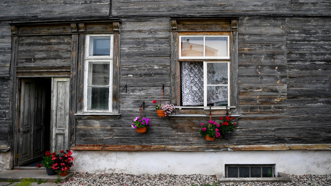 Weathered wooden house with flowers by windows.